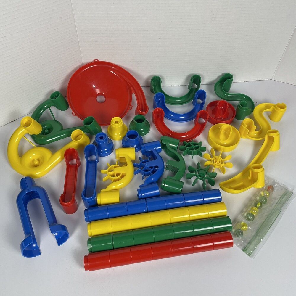 Vintage Discovery Toys Marbleworks Marble Run Set Large Lot 51 Pieces & 8 Marble